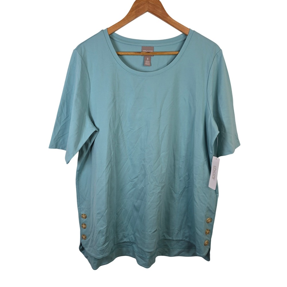 Chico's Side Button Knit Tunic Aqua Reef Blue Short Sleeve Size 3 XL New
